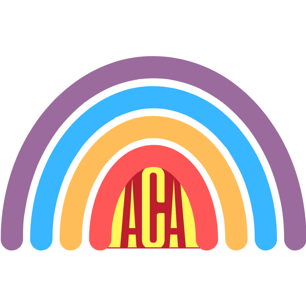 Rainbow icon with ACA text set inside it, centered